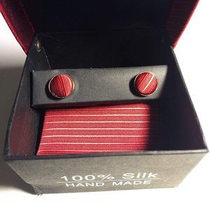 NWT red silk cuff links pocket square gift set